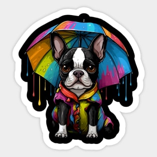 Boston Terrier Rainy Day With Umbrella Sticker